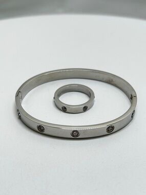 Silver And Crystal Hinged Luv Bracelet And Ring Set, Stainless, Size 7 3/4 Ring